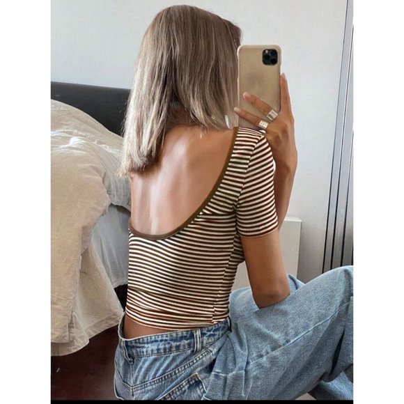 Striped long sleeve tee low scoop back white pink - Picture 6 of 6